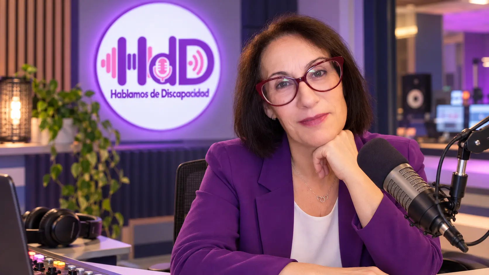 Conchi, presentadora de Hablamos de Discapacidad, en el estudio de pódcast